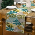 Detail van tropisch palmbladpatroon op linnen tafelloper voor modern interieurdecor - Geelgroen Botanisch (Stijl 10)