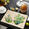 Linen placemat with watercolor green cactus prints on dark wood dining table - Watercolor Cactus Buds