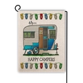 Linen garden flag with vintage camper and Happy Campers slogan on black metal stand - Blue and Gray Camper (13)