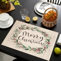 Linen Christmas placemat with Merry Christmas script and winter holly wreath print - Classic Merry Christmas Wreath Style (cd-1) / 45*30cm