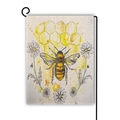 Bee and daisy garden flag on linen with golden honeycomb texture and metal stand - Bee Honeycomb Daisy (15)