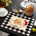 Christmas linen placemat with vintage Santa Claus and black white buffalo check borders - Retro Santa Claus Illustration Style (Style-7)