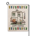 Linen garden flag featuring Happy Campers camping van design on black metal stand - Outdoor Lifestyle Camper (14)
