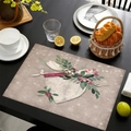 Linen Christmas placemat with heart and holly print on dark wood table setting - With Love Heart Style (cd-1) / 45*30cm