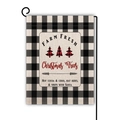 Vista dettagliata della bandiera da giardino natalizia in iuta con alberi scozzesi e asta - Stile Tre Alberi di Natale (1) / 45x30cm