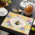 Linen placemat with bee kind honeybee and yellow floral pattern on black wooden table - Bee Chrysanthemum Bee Kind Style (款式-12) / 45*30cm