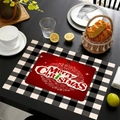 Linen Christmas placemat with black white checkered border and Merry Christmas print - Red Snowflake Merry Christmas Style (Style-8)