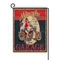 Vintage motorcycle garden flag in navy blue and red on a black metal hanger stand - Vintage Lady Poster Style(8) / 45x30cm
