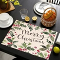 Linen Christmas placemat with Merry Christmas text and red holly berry pattern - Berry Holly Merry Christmas Style (cd-1) / 45*30cm