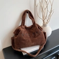 Brown corduroy tote bag with TOTE BAG embroidery and adjustable shoulder strap - Brown