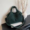 Dark green corduroy tote bag with embroidery, top handle and adjustable shoulder strap - Green