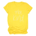 Bright yellow short-sleeve T-shirt with white be Kind slogan and heart print - S / Tops / Yellow