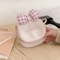 Pink cartoon cat mini crossbody bag for kids featuring a plaid bow and metallic embroidery - Pink