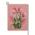 Detailed texture of pink linen Mother's Day garden flag with tulip and happy day text - Pink Tulips Art Font Style (3)