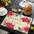 Linen Christmas placemat featuring red poinsettia and Merry Christmas print - Red Poinsettia Merry Christmas Style (cd-1) / 45*30cm