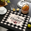 Tovaglietta natalizia in lino con testo rosso e bordo a scacchi neri e bianchi - Stile Tipografico Merry Christmas Rosso (款式-10)