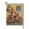 Retro motorcycle garden flag with vintage diner girl design and black metal stand - Burger Diner Poster Style(9) / 45x30cm