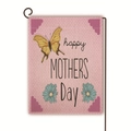 Dettaglio della bandiera da giardino in lino bifacciale con stampa Happy Mother's Day e farfalla - Stile Margherita Farfalla Rosa Chiaro