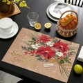 Linen Christmas placemat with red poinsettia pattern and Season's Greetings gold text - Season's Greetings Floral Style (11) / 45*30cm