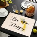 Linen placemat with bee print and Bee Happy text on a dark table setting - Bee Happy Pastoral Style (款式-14) / 45*30cm