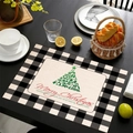 Linen Christmas placemat with black and white plaid border and green tree design - Green Christmas Tree Elements Style (Style-10)