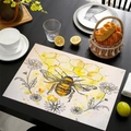 Linen placemat with yellow bee and daisy print for rustic kitchen table decor - Honeycomb Daisy Yellow Style (款式-15) / 45*30cm