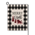 Drapeau de jardin de Noël avec bordure à carreaux noirs et texte Merry & Bright - Sapins et Traîneau à Carreaux Rouges (13)