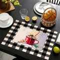 Christmas linen placemat with checkered border featuring a red mug and gingerbread - Red Mug Pine Needle Style (12)