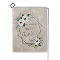 Double-sided Christmas garden flag with white anemone and pine needle print on beige linen - Merry Christmas White Anemone Style (Style 15)