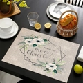 Linen Christmas placemat with white floral print and holiday greetings on a black table - Geometric Floral Wishes Style (15) / 45*30cm