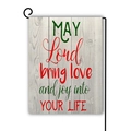 Garden flag detail showing wood texture with red and green text on a black metal stand - MAY Lord bring love and joy into YOUR LIFE / 45x30cm / Beige