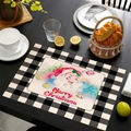 Linen Christmas placemat with Santa Claus print and black white checkered border - Santa Claus Christmas Ball Style (14)
