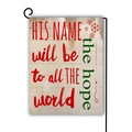 Detail of double-sided linen garden flag with festive text and metal bracket stand - Hope and Faith / 45x30cm / Beige
