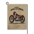 Retro linen garden flag with red motorcycle print and black metal flag stand set - Rebel Riders Style(15) / 45x30cm