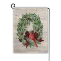 Christmas garden flag with cardinal bird, winter wreath and buffalo plaid bow - Cardinal Plaid Wreath Style (Style 17)