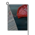 Artistic double-sided garden flag with red boat painting and black metal stand - Red Boat Dock (1)