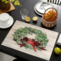 Linen Christmas placemat with red cardinal wreath and plaid bow on wood background - Cardinal Bird Holly Wreath Style (17) / 45*30cm