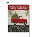 Christmas garden flag with red pickup truck and Merry Christmas text on linen fabric - Vintage Truck Merry Christmas (2) / 45*30cm