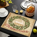 Linen Christmas placemat with reindeer wreath design on dark wooden dining table - Reindeer Wreath Merry Christmas Style (18) / 45*30cm