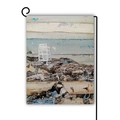 Double-sided linen garden flag with coastal landscape and black metal shepherd hook stand - Beach White Chair (3)