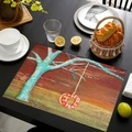 Linen ocean placemat with artistic tree and tire swing print on rustic wood background - Ancient Tree With Swing Style (款式-2)