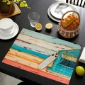 Macro detail of nautical linen placemat with vintage surfboard and seaside cabin print - Surfboard Vacation Hut Style (款式-4)