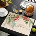 Christmas linen placemat with red berries and Seasons Greetings text on a dark table - Season's Greetings Watercolor Botanical Style (19) / 45*30cm