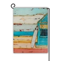 Summer camping garden flag with vintage beach art scene and black metal L-shaped stand - Surfboard Cabin (4)