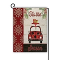 Christmas garden flag with vintage red truck design and black metal L-shaped holder stand - Buffalo Plaid Car Tis the Season (4) / 45*30cm