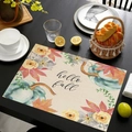Detalle del mantel individual de lino con texto hello fall, calabazas y hojas de otoño - Estilo Hello Fall Calabaza