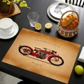 Detail of vintage motorcycle linen placemat on dark wood table with dining accessories - Big Chief Retro Motorcycle Style / 45*30cm