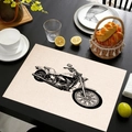 Detail of linen placemat featuring a vintage motorcycle sketch on a wooden table setup - American Cruiser Sketch Style / 45*30cm