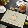 Linen placemat with Life is Beautiful slogan and bird patterns on dark wood table - House and Birds (Pattern-6) / 45*30cm