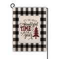 Christmas garden flag with buffalo plaid border and red tree on black metal stand - Wonderful Time Christmas Tree Style (13) / 45x30cm